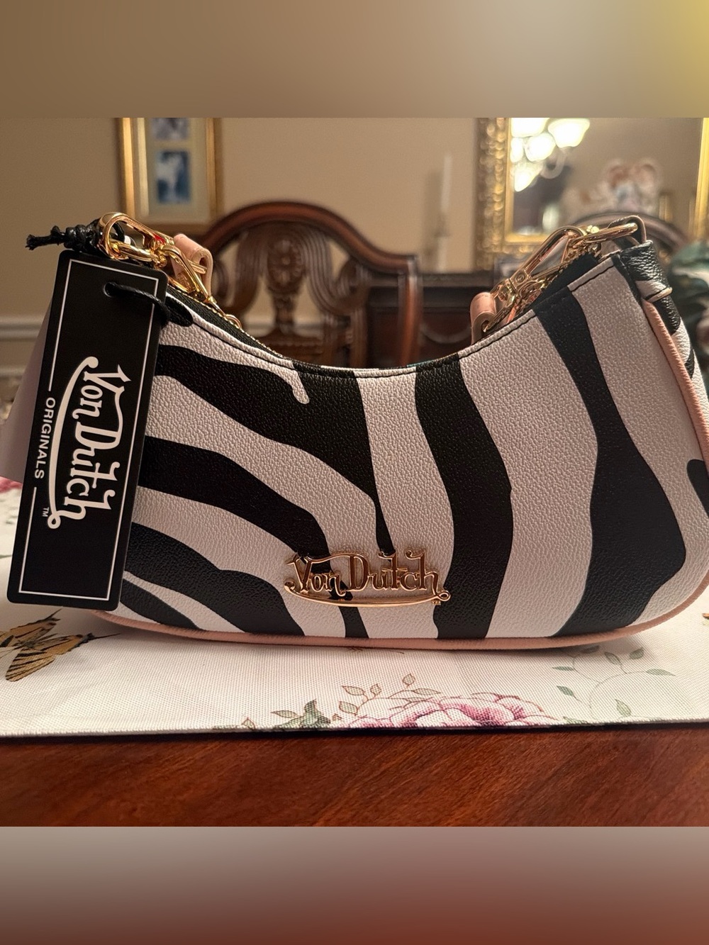 Von Dutch Zebra-Print Mini Shoulder Bag in Black and White with Gold Hardware